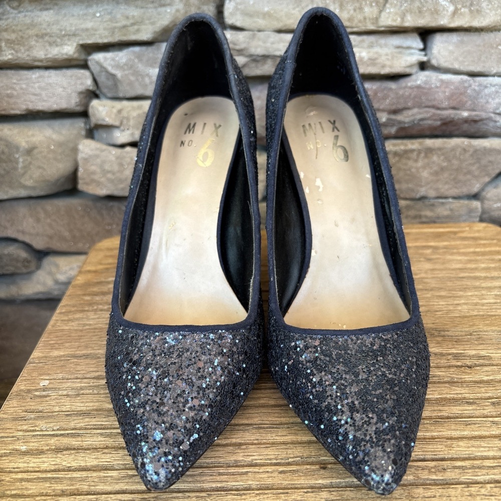 MIX No. 6 Stiletto  Pumps Midnight  Blue Glitter Block Party Shoes Women 6.5 M